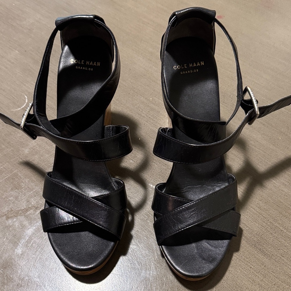 Cole Haan Black Leather Cross-Strap Heeled Sandals